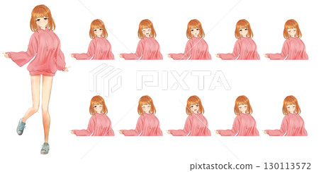 Cute hoodie girl anime touch illustration - facial expression difference 130113572