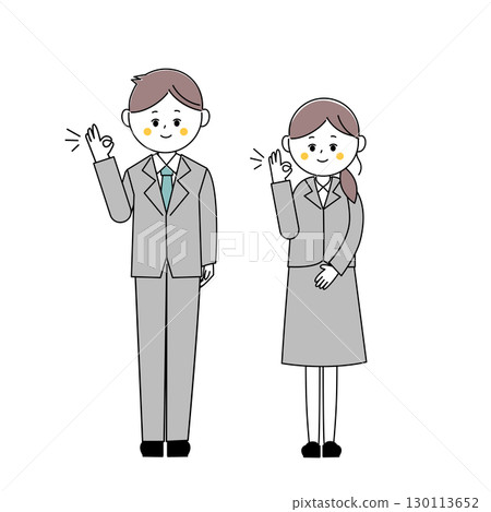 穿著西裝的男人和女人的全身插圖，擺出「OK」姿勢 130113652