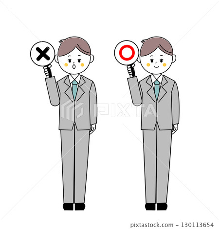 Illustration of a man in a suit holding a check mark and a cross mark Illustration of a man in a suit holding a check mark and a cross mark 130113654