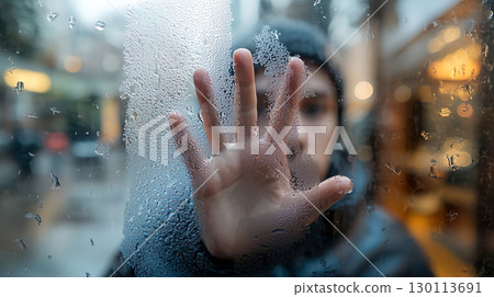 一名可疑的中年白人男子用一隻手透過一扇凝結的玻璃窗向外張望 130113691