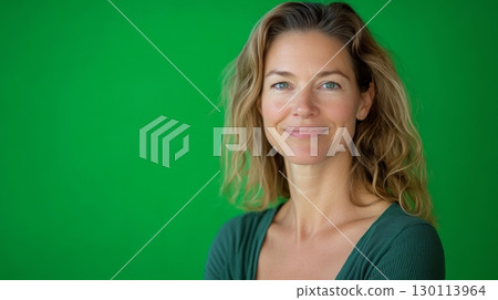 A wellness coach with a warm smile leaning slightly forward surrounded by lush green 130113964