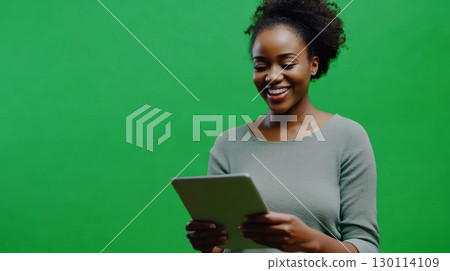 A woman smiling while interacting with a tablet device 130114109