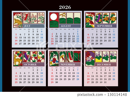 Hanafuda calendar for July to December 2026. No Japanese holidays listed. 130114148