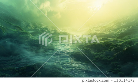 A serene and ethereal landscape of light and shadow represents the peaceful balance achieved through the unification of opposing forces 130114172