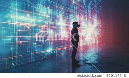 A person standing in front of a blank wall the goggles revealing hidden patterns and images 130114248