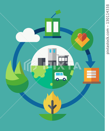 An illustration of the circular economy with pictures of products at different stages of their lifecycle emphasizing the value of repurposing and recycling in creating a. Vector illustration. 130114338
