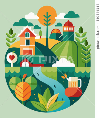 An organic farm tour showcases sustainable agriculture practices such as crop rotation and notill farming to minimize the use of chemicals and preserve soil health.. Vector illustration. 130114341