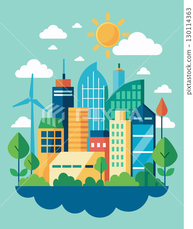 An ecofriendly cityscape with buildings designed for maximum natural lighting and ventilation reducing energy consumption and promoting a healthier indoor environment.. Vector illustration. 130114363