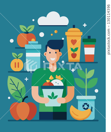 Hosting educational events and workshops focusing on reducing food waste and promoting sustainable consumption habits.. Vector illustration. 130114396