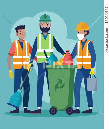 At the end of their shift the workers at the waste sorting facility are covered in grime and dust having successfully separated countless recyclable materials from the garbage.. Vector illustration. 130114414