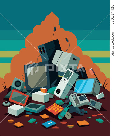Discarded electronics and appliances clutter abandoned lots creating an ewaste disaster.. Vector illustration. Discarded electronics and appliances clutter abandoned lots creating an ewaste disaster.. Vector illustration. 130114420