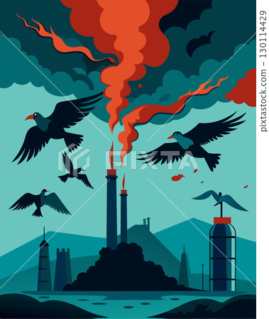 Birds falling from the sky overcome by the toxic gases emanating from the factory.. Vector illustration. 130114429