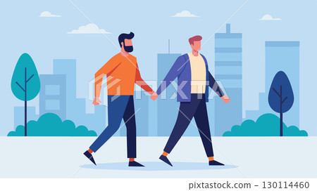 Walking down the street a man proudly holds hands with his male partner challenging the idea that he should only be in a heteroual relationship.. Vector illustration. 130114460