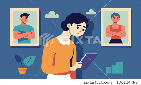 When looking at old photos he could only see his smaller less muscular self unable to recognize his own progress and improvement.. Vector illustration. 130114468