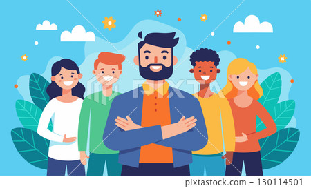 The man surrounds himself with supportive and positive individuals who uplift him.. Vector illustration. 130114501