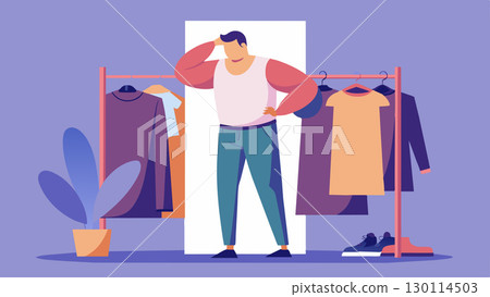 While shopping for clothes a man cant find anything that fits him resorting to trying on oversized clothing in an attempt to hide his body leading to a decrease in selfesteem.. Vector illustration. 130114503