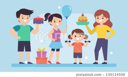 Siblings organizing a surprise workout themed birthday party for their sibling who is on a fitness journey.. Vector illustration. Siblings organizing a surprise workout themed birthday party for their sibling who is on a fitness journey.. Vector illustration. 130114509