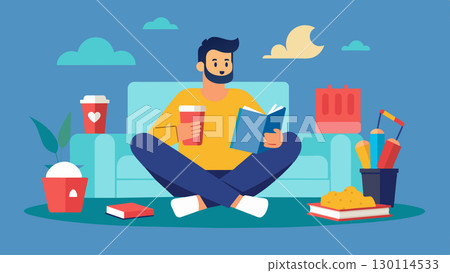 On a lazy Sunday a man indulges in a selfcare day watching his favorite movies reading a good book and treating himself to his favorite snacks.. Vector illustration. 130114533