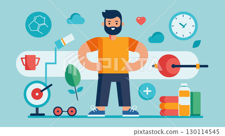 Slowly but steadily the man starts reducing the number of hours spent at the gym and instead focuses on enjoying other activities and hobbies.. Vector illustration. Slowly but steadily the man starts reducing the number of hours spent at the gym and instead focuses on enjoying other activities and hobbies.. Vector illustration. 130114545