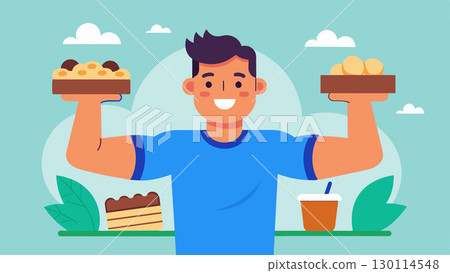 Proudly displaying his homemade protein bars the man giddily tells his friends and family about his newfound love for cooking and his efforts to make healthy and delicious snacks. Vector illustration. Proudly displaying his homemade protein bars the man giddily tells his friends and family about his newfound love for cooking and his efforts to make healthy and delicious snacks. Vector illustration. 130114548
