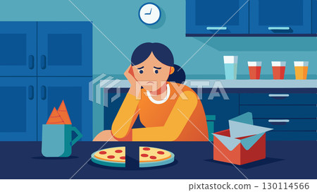 The kitchen counter is a battlefield littered with empty takeout containers and halfeaten pizza slices while a woman huddles in the corner mentally exhausted from her continued. Vector illustration. The kitchen counter is a battlefield littered with empty takeout containers and halfeaten pizza slices while a woman huddles in the corner mentally exhausted from her continued. Vector illustration. 130114566