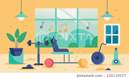 Soft music plays throughout the gym creating a soothing and relaxing environment.. Vector illustration. 130114577