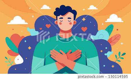 Slowly the man starts to appreciate the beauty in imperfection and embraces his flaws both physically and mentally.. Vector illustration. 130114595