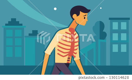 Sunken and a protruding ribcage are visible on a man walking down the street a clear sign of malnourishment caused by an eating disorder.. Vector illustration. 130114628