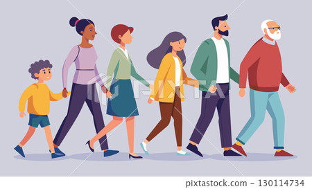 People of all ages walking in unison paying attention to each other and their surroundings as if in perfect harmony.. Vector illustration. 130114734