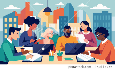 In the heart of the busy city a group of writers meet at a shared workspace to collaborate and exchange ideas. With their diverse backgrounds and writing styles this neighborhood. Vector illustration. 130114736