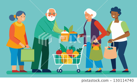 Neighbors lend a hand with grocery shopping and meal preparation for seniors who may have difficulty cooking for themselves.. Vector illustration. 130114740