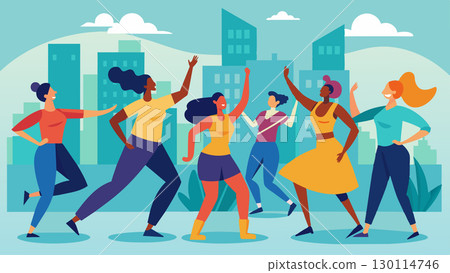 In a show of unity and creativity dancers from different neighborhoods come together to surprise the city with their community dance flash mob.. Vector illustration. 130114746