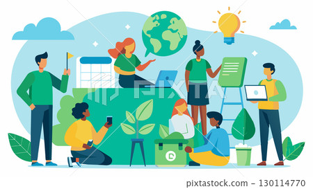 The action group hosts educational workshops on sustainable living practices such as reducing energy consumption and using ecofriendly cleaning products.. Vector illustration. 130114770