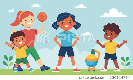 The local youth sports league also offers workshops and clinics teaching children proper techniques and promoting healthy habits for physical fitness.. Vector illustration. 130114774