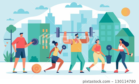 The local gyms are buzzing with energy as community members prepare for the annual fitness challenge hosted by the sports league encouraging healthy living and friendly. Vector illustration. 130114780