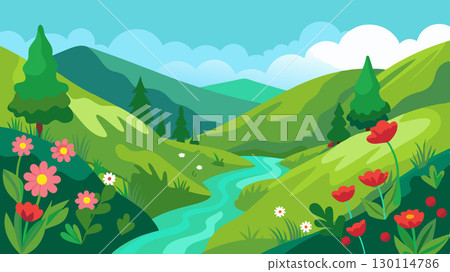 Wildflowers dot the lush green hillsides that line the creek adding pops of color to the verdant landscape.. Wildflowers dot the lush green hillsides that line the creek adding pops of color to the verdant landscape.. 130114786