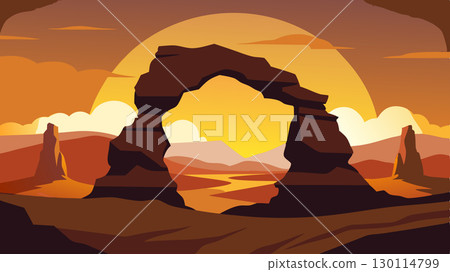 Two parallel rock arches create a beautiful silhouette against the expansive desert horizon.. 130114799