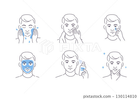 Man Using Cosmetic Products for Facial Skin. Facial Cleaning, Moisturizing and other After Shave Care. Guy Making Skincare Procedures 130114810