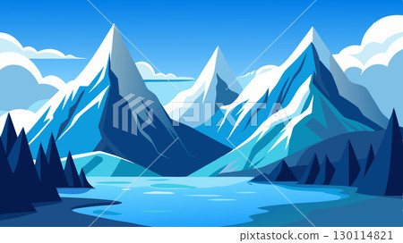 Towering mountains adorned with sparkling blankets of snow watch over the tranquil glacial fjord below their imposing presence only adding to its grandeur.. 130114821
