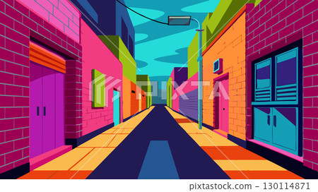 Vibrant pops of color against the faded brick walls make this alleyway a photographers dream capturing the essence of urban life.. 130114871