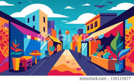 Vibrant street art lines the walls of this urban street market adding a touch of creativity to the hustle and bustle.. 130114877