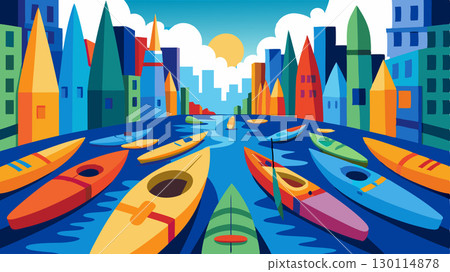 Vibrant kayaks dotting the city canal creating a lively and energetic atmosphere in the urban landscape.. 130114878