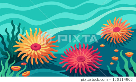 Vibrant sea anemones sway with the gentle currents in the coral lagoon providing a stunning contrast to the deep turquoise waters.. 130114903