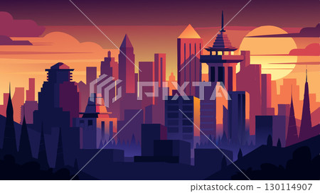 With the citys buildings aglow in the fading light the skyline at dusk is a striking combination of manmade structures and natural beauty.. With the citys buildings aglow in the fading light the skyline at dusk is a striking combination of manmade structures and natural beauty.. 130114907