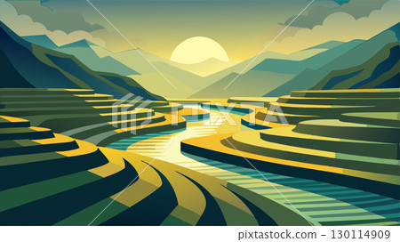 Water reflects the morning sunlight glimmering in the intricate channels that weave throughout the terraced fields.. Water reflects the morning sunlight glimmering in the intricate channels that weave throughout the terraced fields.. 130114909