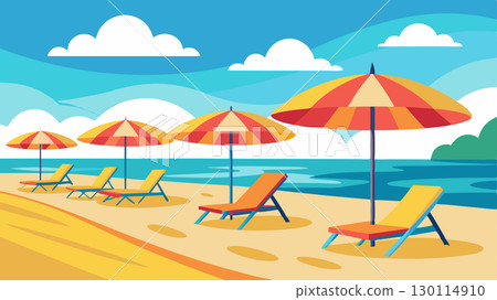 Vibrant umbrellas and lounge chairs line the sandy beach inviting guests to soak up the sun and feel the ocean breeze on their skin.. 130114910