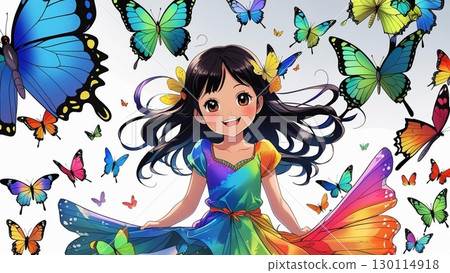 Girl surrounded by multicolored butterflies 130114918