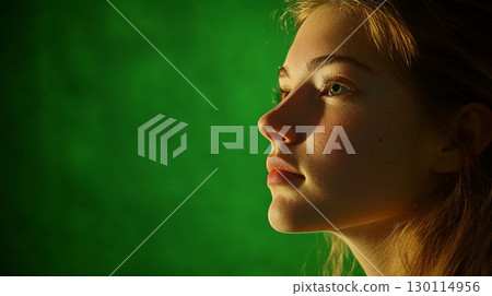 Soft lighting illuminates the subjects face creating a warm and inviting aura 130114956