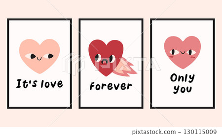 Trendy doodle design templates of Valentines day and love card, banner, poster, cover set. Cute hand drawn heart mascots with love quotes. Red, pink, blue colors vector design. 130115009