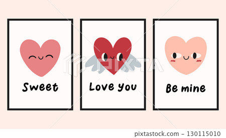 Trendy doodle design templates of Valentines day and love card, banner, poster, cover set. Cute hand drawn heart mascots with love quotes. Red, pink, blue colors vector design. 130115010